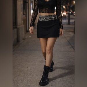 Express Mini Low Rise Fold Over Animal Print Black Stretch Skirt